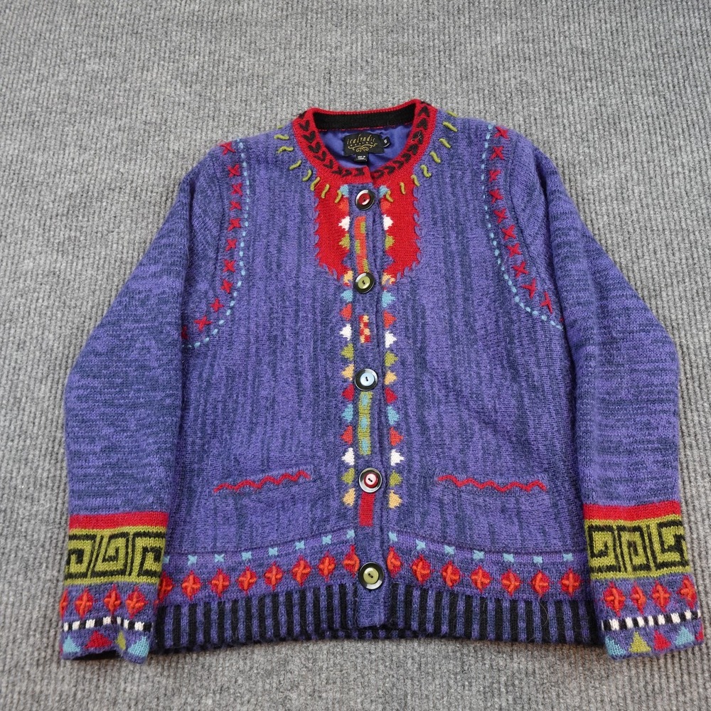 Icelandic Design Purple Cardigan Sweater Womens Small Embroidered Lined Wool Mix